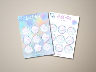 Zwei ausgefüllte Rubbellos-Karten mit Begriffen wie „Wellness-Tag“, „Romantisches Dinner“ und „Wochenende zu zweit“ – personalisiertes Geschenk für Paare mit Überraschungseffekt